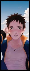 Rule 34 | 1boy, black eyes, black hair, blood, blue sky, bluesy, blush, cloud, highres, jacket, long sleeves, naruto (series), nosebleed, open clothes, open jacket, outdoors, shirt, short hair, sky, solo, spiked hair, uchiha obito, white shirt, aged down