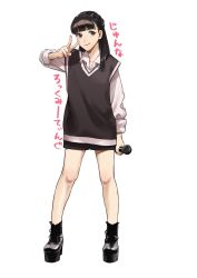 Rule 34 | 1girl, animification, black hair, full body, grey eyes, highres, holding, holding microphone, idol, junna (singer), long shirt, looking to the side, medium hair, microphone, platform footwear, platform heels, pote-mm, real life, solo, v, voice actor, white background