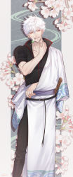 Rule 34 | 1boy, black footwear, black pants, black shirt, cherry blossoms, dango, feet out of frame, flower, food, gintama, highres, japanese clothes, kimono, looking away, male focus, mouth hold, open mouth, pants, pillarboxed, red eyes, sakata gintoki, shin (shin 1407), shirt, short hair, short sleeves, skewer, smile, solo, standing, sword, teeth hold, wagashi, weapon, white hair, white kimono