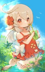Rule 34 | 1girl, alternate costume, bare shoulders, blonde hair, blue sky, cloud, cup, drinking glass, genshin impact, hair between eyes, highres, klee (genshin impact), ko ume 39, low twintails, pointy ears, red eyes, ribbon, sky, sunlight, twintails, white ribbon