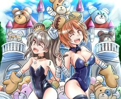 Rule 34 | 2girls, ;d, animal ears, animal hands, bandages, bandaid, bear ears, bear tail, black collar, black legwear, black leotard, black neckwear, blue sky, boko (girls und panzer), bow, bowtie, breasts, brown choker, brown eyes, brown gloves, brown hair, castle, choker, cleavage, cloud, cloudy sky, collar, commentary, covered navel, cross, day, detached collar, fake animal ears, girls und panzer, gloves, highres, holding hands, interlocked fingers, kitayama miuki, leotard, light brown hair, long hair, medium breasts, multiple girls, nishizumi miho, one eye closed, one side up, open mouth, outdoors, paw gloves, shimada arisu, short hair, sky, smile, strapless, strapless leotard, stuffed animal, stuffed toy, tail, teddy bear, thighhighs, wing collar