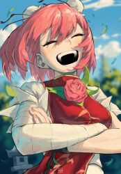 Rule 34 | 1girl, absurdres, bandaged arm, bandages, blast-7, blue sky, blurry, blurry background, breasts, bun cover, closed eyes, cloud, commentary request, crossed arms, day, double bun, falling leaves, flower, hair between eyes, hair bun, highres, ibaraki kasen, laughing, leaf, long bangs, medium breasts, open mouth, outdoors, pink flower, pink hair, pink rose, rose, shirt, short hair, short sleeves, sky, smile, solo, tabard, teeth, touhou, upper body, white shirt