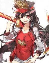 Rule 34 | 1girl, black hair, breasts, buster shirt, chibirisu, collarbone, commentary request, contrapposto, cowboy shot, fate/grand order, fate (series), hand on own hip, hat, headphones, headphones around neck, highres, jacket, katana, long hair, looking at viewer, medium breasts, oda nobunaga (fate), oda nobunaga (swimsuit berserker) (fate), oda uri, over shoulder, red eyes, shirt, smile, solo, sword, sword over shoulder, t-shirt, thighs, twitter username, very long hair, weapon, weapon over shoulder, white jacket