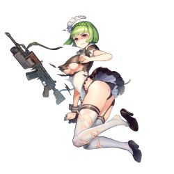 Rule 34 | 1girl, ak-99m, angry, areola slip, ass, assault rifle, blue eyes, blunt bangs, blush, braid, breasts, crown braid, defeat, food, fruit, full body, game cg, garter belt, garter straps, gloves, green hair, grenade launcher, gun, high heels, highres, injury, large breasts, last origin, lingerie, looking at viewer, maid, maid headdress, medium breasts, no bra, official art, paintale, plate, rifle, unworn shoe, shoes, unworn shoes, short hair, skirt, solo, strawberry, tachi-e, thighhighs, torn clothes, torn skirt, transparent background, underbarrel grenade launcher, underwear, vanilla (last origin), weapon, white gloves, white thighhighs