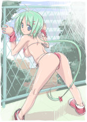Rule 34 | 1girl, against fence, ass, bent over, bikini, blue eyes, breasts, chain-link fence, fence, green hair, gyonikun, hair ornament, hair ribbon, hairband, hairclip, large breasts, long hair, looking back, no socks, original, ponytail, ribbon, shoes, side-tie bikini bottom, smile, sneakers, solo, swimsuit, underboob, wristband