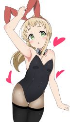 Rule 34 | 1girl, absurdres, animal ears, arm up, armpits, bare shoulders, black leotard, black pantyhose, blonde hair, blush, breasts, choker, collarbone, covered navel, fake animal ears, green eyes, groin, highres, inose mai, koisuru asteroid, leotard, long hair, looking at viewer, open mouth, pantyhose, playboy bunny, ponytail, rabbit ears, riyo (aokiwazumi), shiny skin, simple background, small breasts, solo, thighhighs, white background