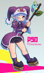 Rule 34 | 1girl, absurdres, bike shorts, black footwear, black shorts, blue hair, blunt bangs, breasts, bright pupils, chao (sonic), copyright name, crop top, detached sleeves, drop shadow, eyeliner, facial mark, fonewearl, green eyes, hat, highres, holding, holding stick, jester cap, juliet sleeves, leaf, light blue hair, long hair, long sleeves, makeup, one eye closed, open mouth, overskirt, phantasy star, phantasy star online, platform footwear, pointy ears, pointy footwear, puffy sleeves, purple hat, purple sleeves, purple socks, red eyeliner, rupika, seseringo, shorts, single horizontal stripe, small breasts, smile, socks, solo, sonic (series), star (symbol), stick, straight hair, tongue, tongue out, white pupils