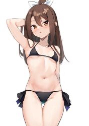 Rule 34 | 1girl, armpits, bikini, black bikini, blush, bow, breasts, brown eyes, brown hair, collarbone, cowboy shot, gluteal fold, hair between eyes, hair bow, hand up, high ponytail, highres, kantai collection, long hair, looking at viewer, micro bikini, navel, parted lips, side-tie bikini bottom, sidelocks, simple background, small breasts, solo, standing, stomach, swimsuit, thigh gap, thighs, white background, white bow, zarashi, zuihou (kancolle)