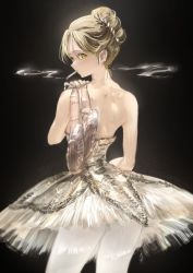 Rule 34 | 1girl, ballerina, ballet slippers, bare arms, bare back, bare shoulders, black background, blonde hair, cigarette, commentary, cowboy shot, dress, earrings, frilled dress, frills, from behind, gawako, hair bun, highres, holding, holding clothes, holding footwear, jewelry, looking at viewer, looking back, original, pantyhose, pearl earrings, single hair bun, sleeveless, sleeveless dress, smoking, solo, symbol-only commentary, tutu, white dress, yellow eyes