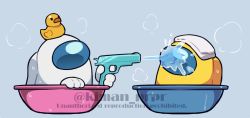 Rule 34 | among us, bowl, crewmate (among us), disembodied hand, grey background, gun, holding, holding gun, holding weapon, impostor (among us), kiman, looking at another, original, rubber duck, spacesuit, water, water gun, watermark, weapon, wet, white (among us), yellow (among us)