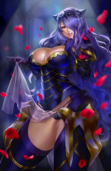 Rule 34 | 1girl, armor, armored dress, breasts, camilla (fire emblem), cleavage, eu03, fire emblem, fire emblem fates, gloves, hair over one eye, highres, huge breasts, impossible clothes, loincloth lift, long hair, micro panties, nintendo, open mouth, panties, petals, purple hair, red eyes, revision, see-through, smile, solo, thick thighs, thighhighs, thighs, tiara, underwear, very long hair