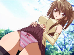 Rule 34 | 1girl, artist request, black thighhighs, bow, bow panties, breasts, brown eyes, brown hair, brown skirt, character request, clothes lift, cloud, covered erect nipples, detached sleeves, game cg, large breasts, long hair, long sleeves, looking at viewer, open mouth, outdoors, panties, pink panties, red bow, skirt, skirt lift, sky, sleeveless, sleeveless sweater, solo, striped clothes, striped panties, sweat, sweater, thighhighs, tree, twintails, underwear, wide hips, yellow sweater