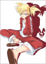 Rule 34 | 00s, angry, barefoot, bleach, blonde hair, blue eyes, fang, feet, flat chest, sandals, sarugaki hiyori, soles, sword, track suit, twintails, weapon, yasmin ayumi, yellow eyes