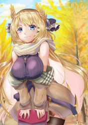 Rule 34 | 1girl, autumn, azur lane, bag, blonde hair, blue eyes, breasts, brown coat, coat, coat dress, cross, cross necklace, highres, holding, holding bag, jewelry, large breasts, laurel crown, long hair, necklace, outdoors, purple sweater, red bag, ribbed sweater, sleeveless, sleeveless sweater, solo, sweater, sweater vest, taut sweater vest, thighhighs, victorious (azur lane), victorious (the goddess&#039; day off) (azur lane), yam (yam6056)
