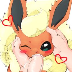 Rule 34 | 1boy, absurdres, bestiality, blonde hair, blush, blush stickers, creatures (company), cum, cum in mouth, disembodied limb, disembodied penis, erection, flareon, fur collar, game freak, gen 1 pokemon, green eyes, hands on another&#039;s cheeks, heart, highres, looking at viewer, nintendo, one eye closed, open mouth, penis, pokemon, pokemon (creature), portrait, pov, red leopard, short hair, simple background, sketch, solo focus, straight-on, uncensored, white background, wince
