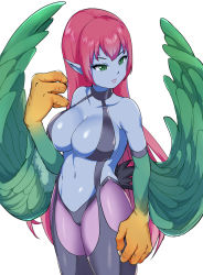 Rule 34 | 1girl, bare shoulders, blue skin, breasts, chamame, claws, cleavage, colored skin, commentary request, duel monster, feathered wings, feathers, garter straps, green eyes, green feathers, green wings, harpie lady, harpie lady (normal monster), harpy, highres, large breasts, long hair, looking away, midriff, monster girl, navel, pink hair, pointy ears, solo, very long hair, winged arms, wings, yu-gi-oh!