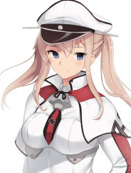 Rule 34 | 10s, 1girl, akagi kurage, anchor, blonde hair, blue eyes, breasts, capelet, celtic knot, cross, graf zeppelin (kancolle), hair between eyes, hat, impossible clothes, iron cross, jacket, kantai collection, large breasts, long sleeves, looking at viewer, military, military hat, military uniform, necktie, peaked cap, sidelocks, simple background, smile, solo, twintails, uniform, upper body, white background
