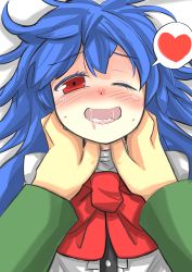 Rule 34 | ;), asphyxiation, blue hair, blush, bow, drooling, gaoo (frpjx283), heart, highres, hinanawi tenshi, long hair, looking at viewer, masochism, one eye closed, pov, red eyes, simple background, smile, spoken heart, strangling, turn pale