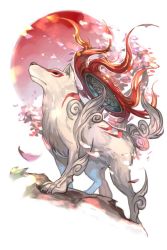 Rule 34 | amaterasu (ookami), animal, capcom, cherry blossoms, closed mouth, fire, from side, hungry clicker, no humans, ookami (game), rock, solo, wolf