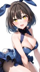 Rule 34 | 1girl, absurdres, animal ears, bare arms, bare shoulders, black hair, blue dress, blush, breasts, cleavage, commentary request, dress, fake animal ears, fake tail, highres, idolmaster, idolmaster cinderella girls, large breasts, leotard, looking at viewer, open mouth, playboy bunny, popon ta, rabbit ears, rabbit tail, short hair, simple background, skindentation, sleeveless, sleeveless dress, smile, solo, tail, takafuji kako, thighs, upper body, white background, yellow eyes