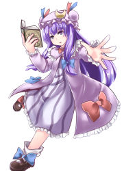 Rule 34 | 1girl, blue bow, blue ribbon, book, bow, crescent, crescent hair ornament, dress, frilled dress, frilled sleeves, frills, full body, hair ornament, hair ribbon, hat, hat ribbon, highres, koro (cookie), long hair, looking at viewer, mob cap, open mouth, patchouli knowledge, purple eyes, purple hair, red bow, red ribbon, ribbon, simple background, solo, striped, touhou, very long hair, white background