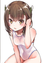Rule 34 | 1girl, brown eyes, brown hair, collarbone, competition swimsuit, covered navel, cowboy shot, flat chest, headgear, kantai collection, konnyaku (kk-monmon), leaning forward, looking at viewer, one-piece swimsuit, simple background, solo, swimsuit, taihou (kancolle), white background, white one-piece swimsuit