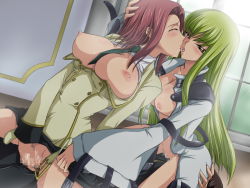 Rule 34 | 00s, 1boy, 2girls, aquamu, between breasts, bisexual female, bodysuit, breasts, c.c., censored, code geass, cunnilingus, ffm threesome, green hair, group sex, kouzuki kallen, kiss, large breasts, lelouch vi britannia, long hair, multiple girls, necktie, nipples, open bodysuit, open clothes, open shirt, oral, penis, red hair, reverse cowgirl position, reverse spitroast, sex, sex from behind, shirt, short hair, sitting, sitting on face, sitting on person, straddling, sweat, threesome, tongue, vaginal, yamagarasu, yellow eyes