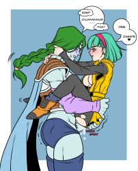 Rule 34 | 1boy, 1girl, ass, blush, boots, braid, breasts, breasts out, bulma, cape, closed eyes, clothed sex, cum, cum in pussy, dragon ball, dragonball z, ejaculation, english text, from side, green eyes, green hair, hairband, highres, legs, looking at another, medium breasts, medium hair, open mouth, penis, plumlewds, sex, simple background, single braid, sound effects, speech bubble, standing, suspended congress, thighs, torn clothes, two-tone background, uncensored, vaginal, zarbon