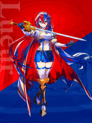 Rule 34 | 1girl, alear (female) (fire emblem), alear (fire emblem), blue eyes, blue hair, braid, crossed bangs, crown braid, female focus, fire emblem, fire emblem engage, full body, heterochromia, highres, holding, holding sword, holding weapon, long hair, matching hair/eyes, mika pikazo, multicolored hair, nintendo, official art, red eyes, red hair, solo, split-color hair, standing, sword, thigh strap, third-party source, very long hair, weapon