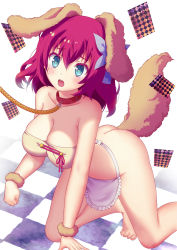 Rule 34 | 1girl, :o, all fours, anal, anal object insertion, anal tail, animal collar, animal ears, apron, ass, blue eyes, breasts, butt plug, card, cleavage, collar, dog ears, dog tail, fake tail, fur bracelet, hair ribbon, highres, large breasts, leash, nanikairu, object insertion, open mouth, paw pose, pink hair, playing card, ribbon, sex toy, short hair, stephanie dora, strapless, tail, tube top