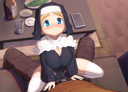 Rule 34 | 1boy, 1girl, arm support, belt, blonde hair, blue eyes, blush, bottle, breasts, capelet, cleavage, cup, drinking glass, girl on top, habit, large breasts, looking at viewer, nun, on lap, oppai loli, original, pelvic curtain, plate, pov, rug, sakimori dan, smile, straddling, table, thighhighs, upright straddle, white thighhighs