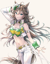 Rule 34 | 1girl, ahoge, animal ears, arm strap, arm up, breasts, brown hair, choker, cleavage, collarbone, commentary request, cowboy shot, green eyes, green shirt, groin, hair between eyes, hair ornament, hairclip, hat, highres, horse ears, horse girl, horse tail, jacket, long hair, long sleeves, looking at viewer, medium breasts, midriff, mini hat, mini top hat, mr. c.b. (umamusume), navel, open clothes, open jacket, pants, parted lips, shirt, sidelocks, single bare shoulder, single sleeve, skm (hapigonoco), smile, solo, standing, strapless, strapless shirt, tail, top hat, umamusume, white hat, white jacket, white pants, wrist cuffs, yellow choker