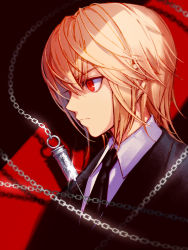 Rule 34 | 1boy, black jacket, black necktie, black suit, blonde hair, chain, checkpointsss, closed mouth, collared shirt, commentary request, cross, expressionless, formal, from side, glint, hair between eyes, highres, hunter x hunter, inverted cross, jacket, kurapika, male focus, necktie, needle, red background, red eyes, shadow, shirt, short hair, solo, suit, upper body, white shirt
