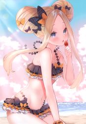 Rule 34 | 1girl, abigail williams (emerald float) (fate), abigail williams (fate), absurdres, bare shoulders, bikini, bikini skirt, blonde hair, blue eyes, blue sky, blush, cloud, cloudy sky, day, double bun, fate/grand order, fate (series), food, forehead, fruit, gradient sky, hair bun, hair ornament, hand up, highres, holding, layered skirt, long hair, looking at viewer, navel, ocean, open mouth, outdoors, polka dot, scan, scrunchie, simple background, sitting, skirt, sky, solo, stomach, strawberry, sunlight, suzuho hotaru, swimsuit, thighs, water, wrist scrunchie