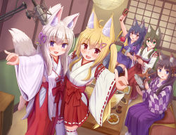 Rule 34 | 5girls, :d, absurdres, animal ear fluff, animal ears, barefoot, bell, black hair, blonde hair, blue eyes, blush, borrowed character, breasts, brown eyes, clover hair ornament, commentary request, fang, four-leaf clover hair ornament, fox ears, fox girl, fox shadow puppet, fox tail, green eyes, hair between eyes, hair ornament, hair ribbon, hairclip, hakama, hakama short skirt, hakama skirt, highres, holding, holding instrument, indoors, instrument, instrument request, iroha (iroha matsurika), japanese clothes, jingle bell, kimono, long sleeves, low twintails, microphone, miko, multiple girls, nose blush, obi, open mouth, original, ponytail, purple eyes, purple hakama, purple kimono, red eyes, red hakama, red ribbon, ribbon, ribbon-trimmed legwear, ribbon-trimmed sleeves, ribbon trim, sash, sidelocks, silver hair, sitting, skirt, small breasts, smile, standing, standing on one leg, table, tail, thighhighs, twintails, white kimono, white legwear, wide sleeves, yagasuri