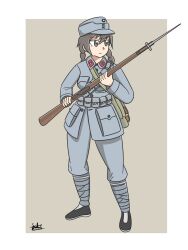 Rule 34 | 1girl, ammunition pouch, artist name, bag, bayonet, beige background, black eyes, black hair, boots, braided pigtails, breast pocket, breasts, gun, hat, highres, holding, holding rifle, holding weapon, kuomintang, looking to the side, military, military hat, national revolutionary army, original, phenol r, pocket, pouch, rifle, weapon, white sun