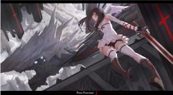 Rule 34 | 1girl, angel wings, bad id, bad pixiv id, black hair, highres, long hair, monster, pixiv fantasia, pixiv fantasia t, red eyes, solo, thighhighs, weapon, wings, zeixique