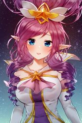 Rule 34 | 1girl, :d, blue eyes, breasts, collarbone, detached sleeves, drill hair, gradient background, hair ornament, highres, janna (league of legends), large breasts, league of legends, long hair, looking at viewer, open mouth, pointy ears, shrimp cake, smile, solo, star (symbol), star guardian (league of legends), star guardian janna, star hair ornament, twin drills, upper body, white sleeves