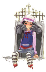 Rule 34 | 1girl, amputee, behind another, black eyes, black hair, blue vest, blush, broken bone, bucket hat, colored skin, commentary, cross, cross bottony, crying, crying with eyes open, denim, denim skirt, disembodied hand, double amputee, english commentary, exposed bone, frown, furrowed brow, grey skin, guro, hair over shoulder, hands on another&#039;s cheeks, hands on another&#039;s face, hat, kikai (akita morgue), latin cross, long hair, long sleeves, looking at viewer, open mouth, original, pantyhose, pink hat, pink shirt, scared, shirt, simple background, sitting, skirt, striped clothes, striped pantyhose, tears, tied drawstring, tourniquet, upskirt, vest, white background
