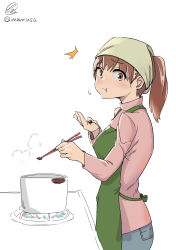 Rule 34 | 1girl, absurdres, alternate costume, alternate hairstyle, apron, blush, brown eyes, brown hair, chopsticks, denim, from side, green apron, highres, holding, holding chopsticks, jeans, kantai collection, long hair, marusa (marrusa), ooi (kancolle), pants, pink sweater, ponytail, signature, simple background, solo, sweater, twitter username, white background