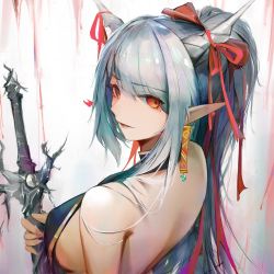 Rule 34 | 1girl, alternate eye color, arknights, bare back, bare shoulders, bow, commentary request, eyyy, hair bow, holding, horn ornament, horn ribbon, horns, long hair, orange eyes, pointy ears, red bow, red ribbon, ribbon, shining (arknights), silver hair, solo, upper body