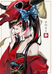 Rule 34 | 1girl, 2021, black hair, blunt bangs, bow, chinese zodiac, choker, cow skull, hair bow, hand up, highres, japanese clothes, kimono, lam (ramdayo), long hair, looking at viewer, nail polish, off shoulder, original, profile, red kimono, signature, skull on head, solo, twintails, upper body, year of the ox, yellow eyes
