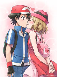 Rule 34 | 10s, 1boy, 1girl, 2016, arms behind back, artist name, ash ketchum, backpack, bag, black hair, blush, brown eyes, brown hair, closed eyes, couple, creatures (company), fingerless gloves, game freak, gloves, hat, heart, hetero, highres, kiss, light brown hair, looking at another, mono land, nintendo, parted lips, pokemon, pokemon (anime), pokemon xy, pokemon xy (anime), serena (pokemon), shirt, short hair, sleeveless, smile, sparkle, spoilers, standing, surprised