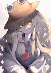 Rule 34 | ascot, backlighting, blonde hair, closed mouth, collared shirt, commentary request, floating hair, glowing, glowing eyes, hair between eyes, hair ribbon, half-closed eye, hat, head tilt, highres, long hair, looking at viewer, moriya suwako, off shoulder, pyonta, red ascot, red ribbon, ribbon, shirt, sidelocks, sleeveless, sleeveless shirt, smile, touhou, tsune (tune), upper body, wide sleeves, yellow eyes