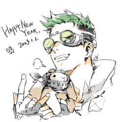 Rule 34 | 1boy, \m/, animification, apex legends, black gloves, broken eyewear, dated, fingerless gloves, gloves, goggles, green eyes, green hair, happy new year, looking up, male focus, mask, mouth mask, new year, octane (apex legends), portrait, rabbit, sentinel ga koku ni aru, smile, solo, white background