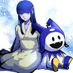 1girl 1other 4me3ba_niku blue_hair closed_mouth colored_skin eyelashes fangs highres hime_cut jack_frost_(megami_tensei) japanese_clothes kimono open_mouth purple_lips purple_skin red_eyes shin_megami_tensei sitting smile snowing solid_oval_eyes white_skin yellow_kimono yuki_jyorou_(megami_tensei)