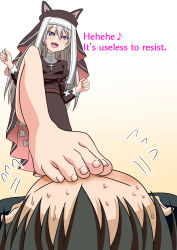 Rule 34 | 1boy, 1girl, barefoot, black hair, blush, character request, english text, faceless, faceless male, fang, feet, femdom, foot on head, from below, girls&#039; frontline, leg up, long hair, nush advance, open mouth, purple eyes, short hair, silver hair, skin fang, soles, standing, standing on one leg, sweat, toes