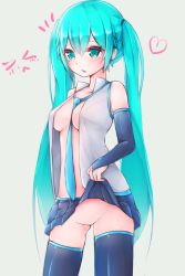 Rule 34 | 1girl, aqua eyes, aqua hair, bad id, bad pixiv id, between breasts, breasts, bridal gauntlets, clothes lift, erudanten, female focus, groin, hatsune miku, highres, long hair, looking at viewer, microskirt, necktie, necktie between breasts, no bra, no panties, no pussy, open clothes, open shirt, shirt, simple background, skirt, skirt lift, solo, thighhighs, twintails, very long hair, vocaloid