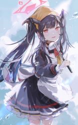 Rule 34 | 1girl, black hair, blue archive, blush, cloud, commentary request, fuuka (blue archive), halo, horns, long hair, looking at viewer, nuudoru, open mouth, red eyes, school uniform, sky, solo, twintails, water, water drop