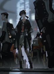 Rule 34 | 1girl, 3boys, 6+others, absurdres, backpack, bag, black footwear, black hair, black jacket, blurry, blurry background, city, closed mouth, crowd, full body, grey shirt, grey skirt, hair ornament, hairpin, highres, jacket, leg strap, long sleeves, looking at viewer, multiple boys, multiple others, original, outdoors, shirt, short hair, short twintails, skirt, standing, tassel, tuoer, twintails